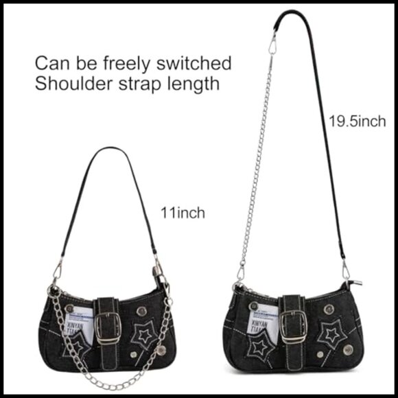 Y2K Mini Shoulder Bag Star Embroidery Retro Goth Style Chain Strap Purse - Picture 5 of 6